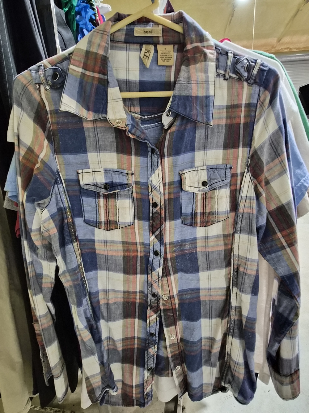Womend Blue Plaid Button-Up Shirt by Cropped Tag
